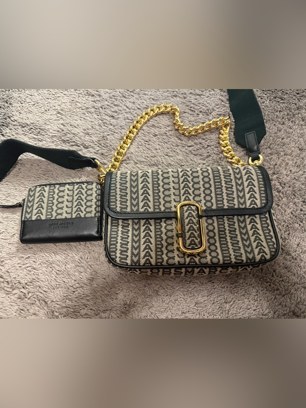 Marc Jacobs Beige & Black Logo Chain Crossbody Bag with Gold Hardware